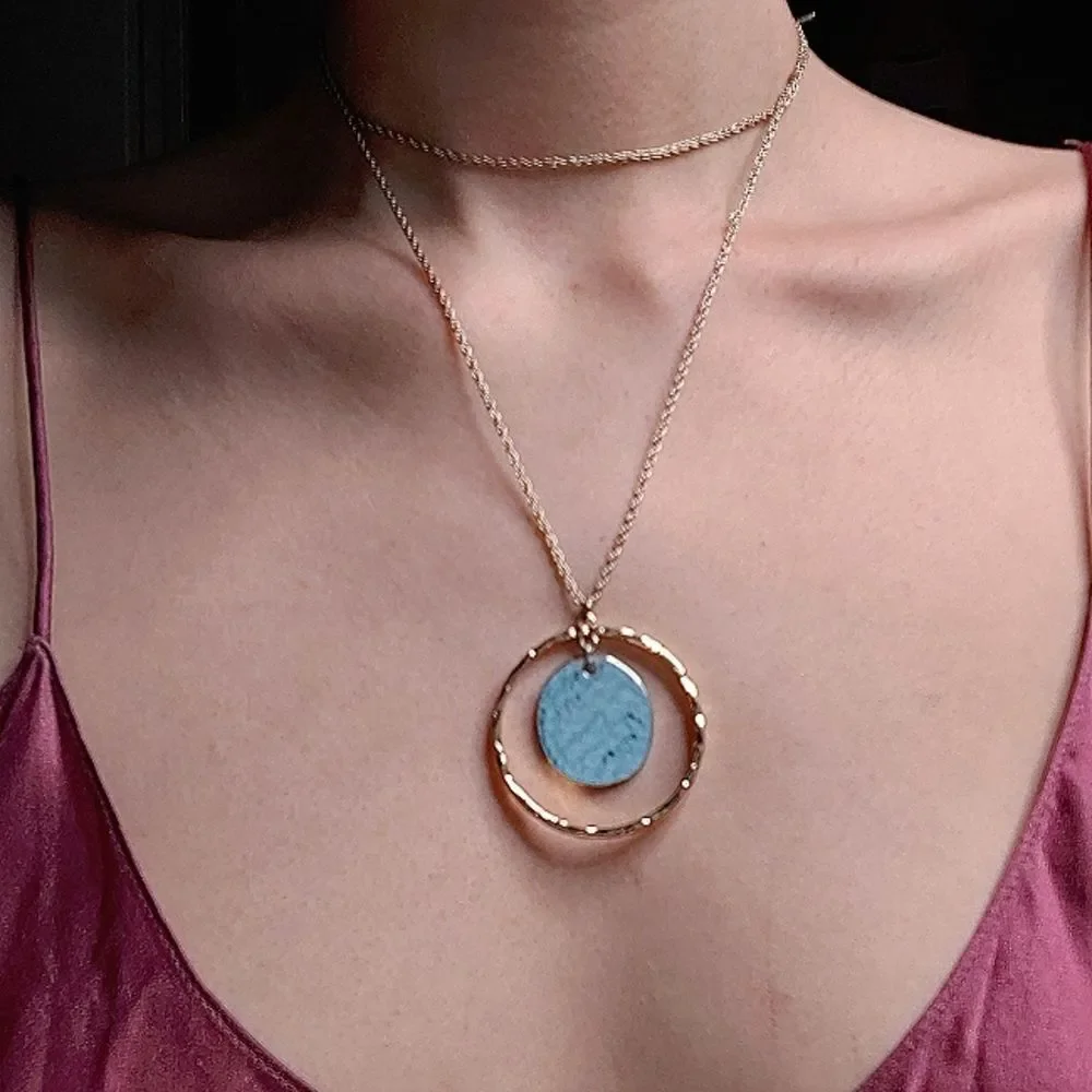 Vintage T&R Signed Hammered look Long Pendant Necklace